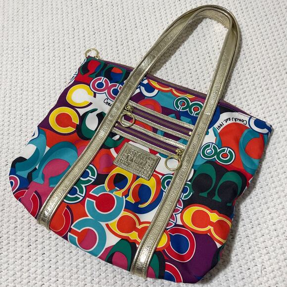 Coach Poppy Signature C Glam Tote Bag Purse Multicolor - Picture 4 of 13